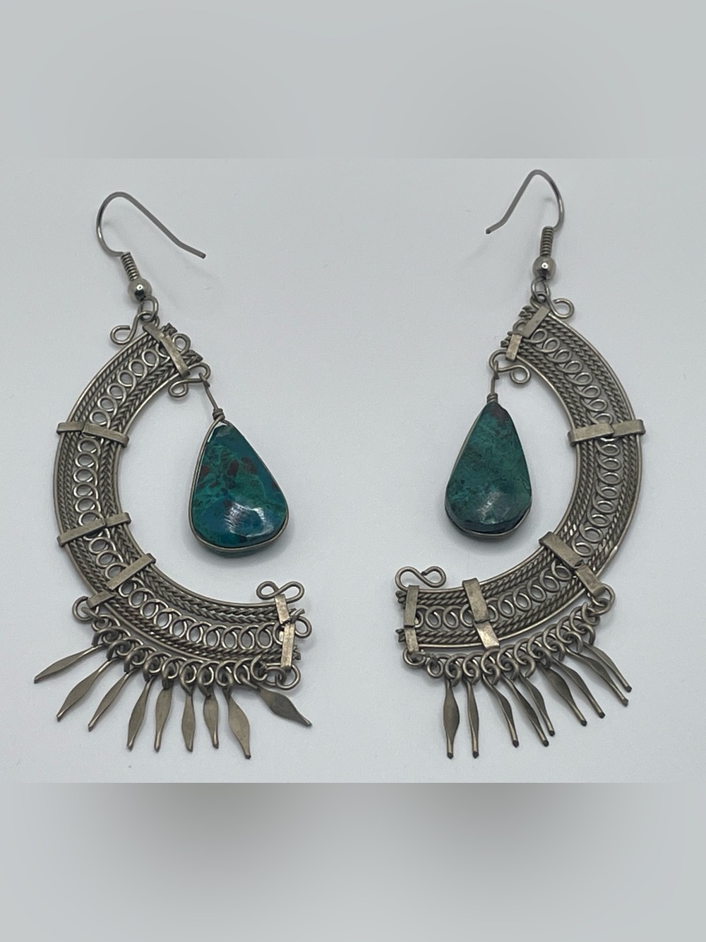 Vintage Silver Tone Crescent Filigree Dangle Statement Earrings Blue Green